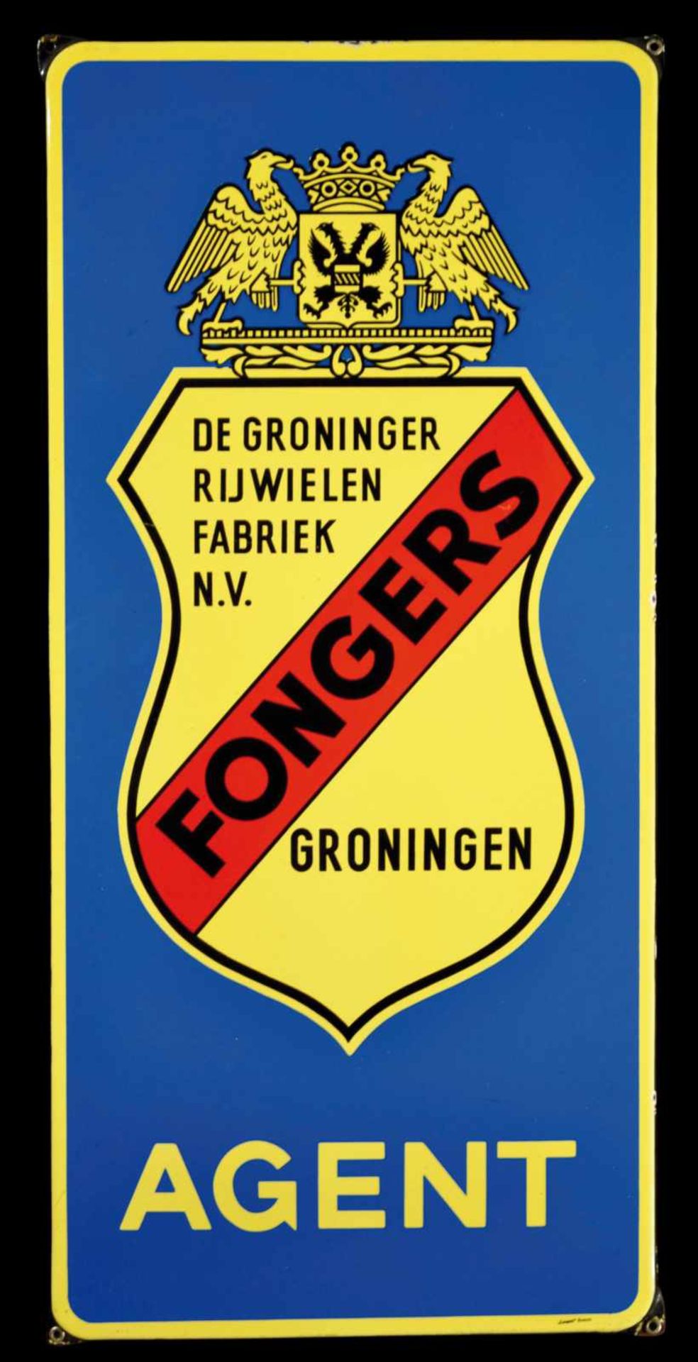 FONGERS (1) Emailschild eines Fahrradfabrikanten, abgekantet, schabloniert, Groningen/Niederlande