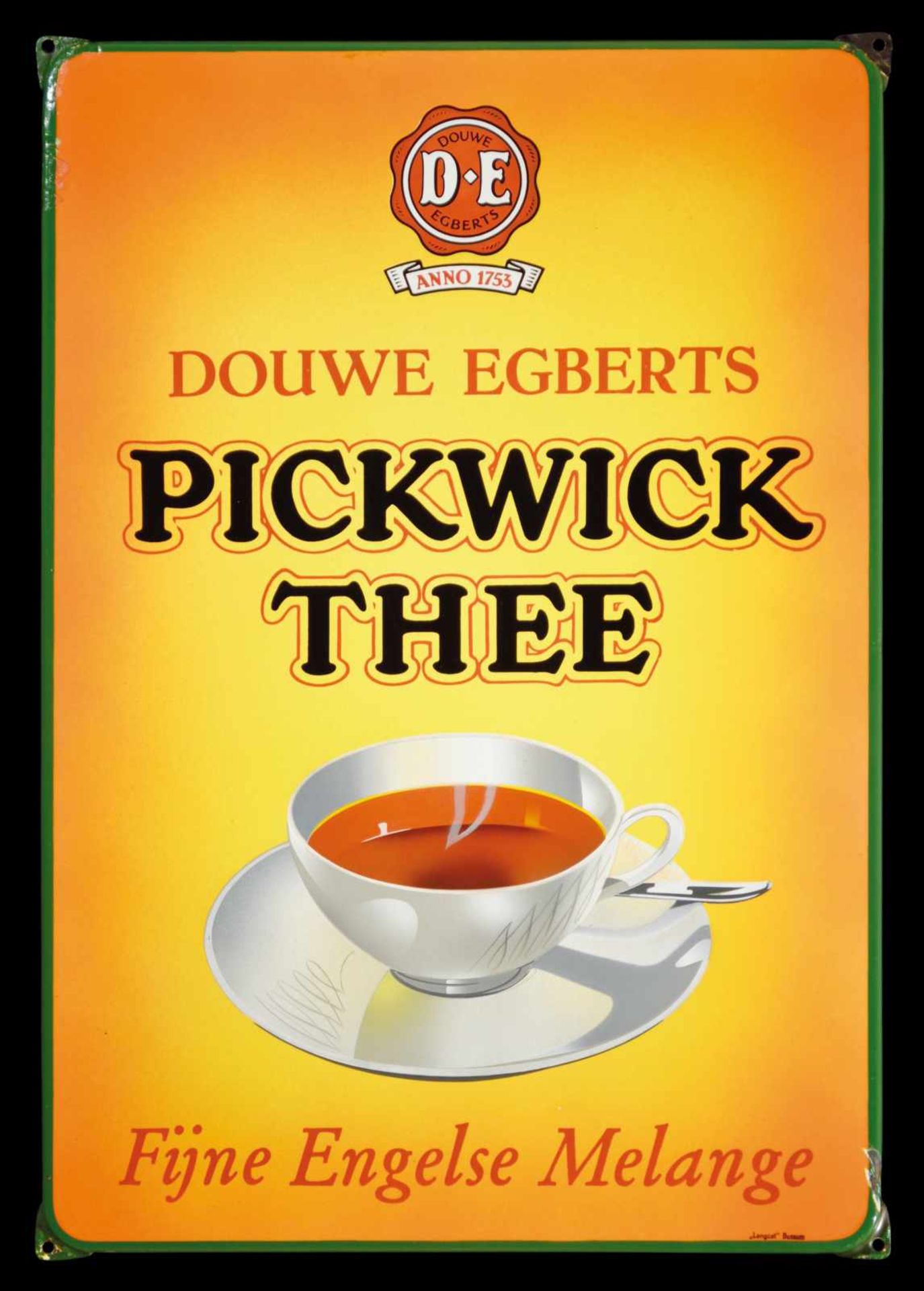 PICKWICK THEE (1-) Emailschild, abgekantet, schabloniert und lithographiert, Niederlande 50er Jahre,