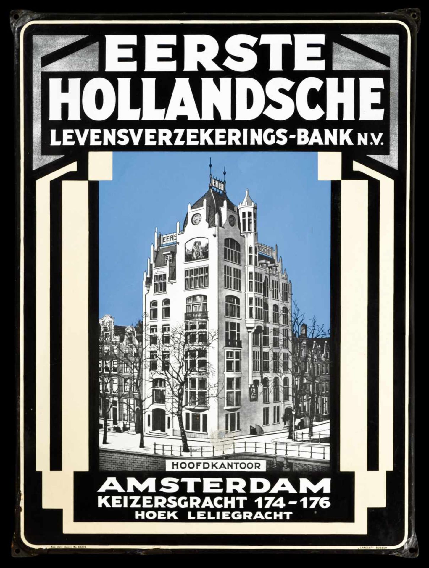 EERSTE HOLLANDSCHE (1) Emailschild, abgekantet, dick schabloniert, zudem lithographiert, Amsterdam/