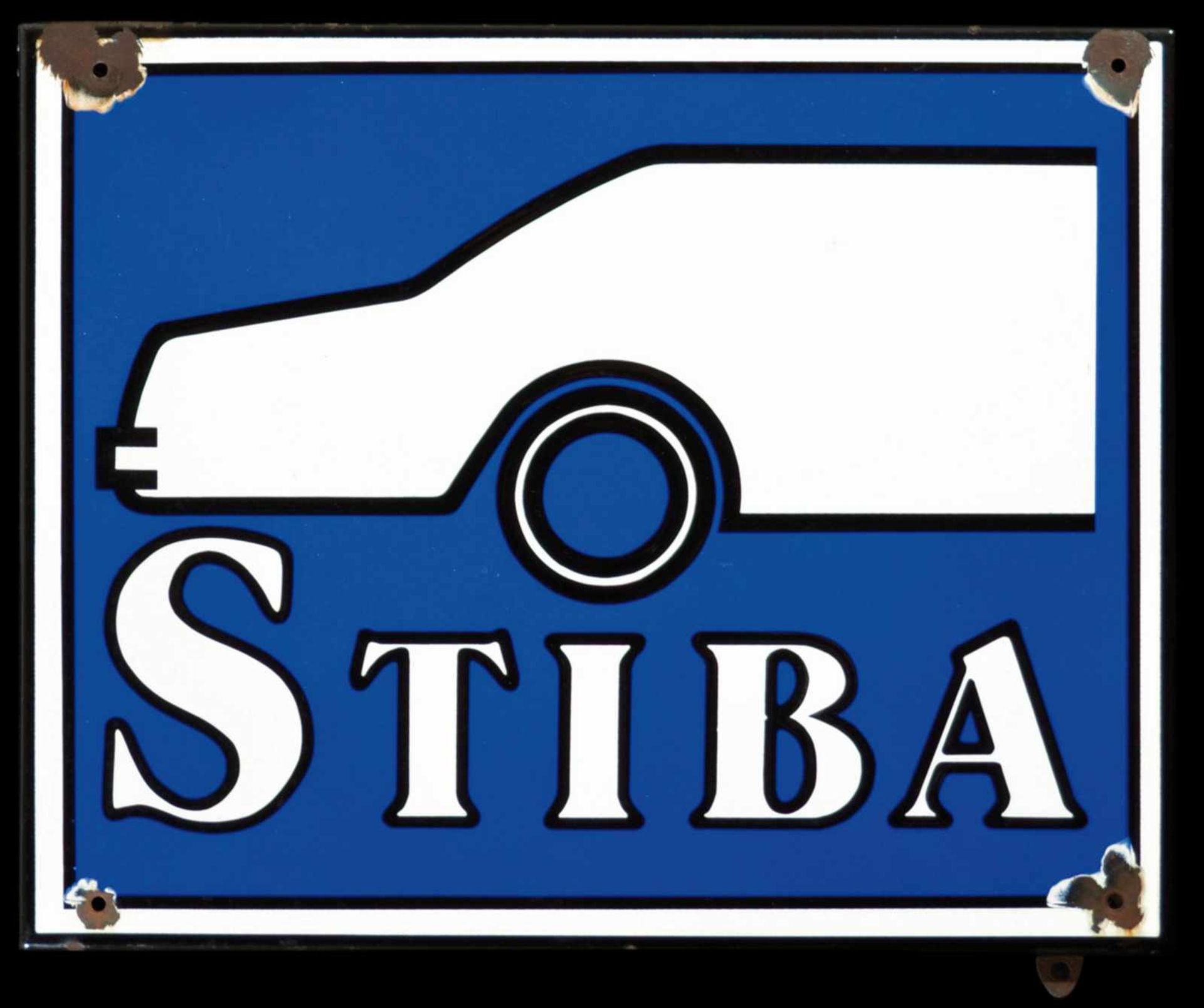 STIBA (3) Emailschild, abgekantet, schabloniert, Niederlande 50er Jahre, 50 x 40 cm Emaille bord met