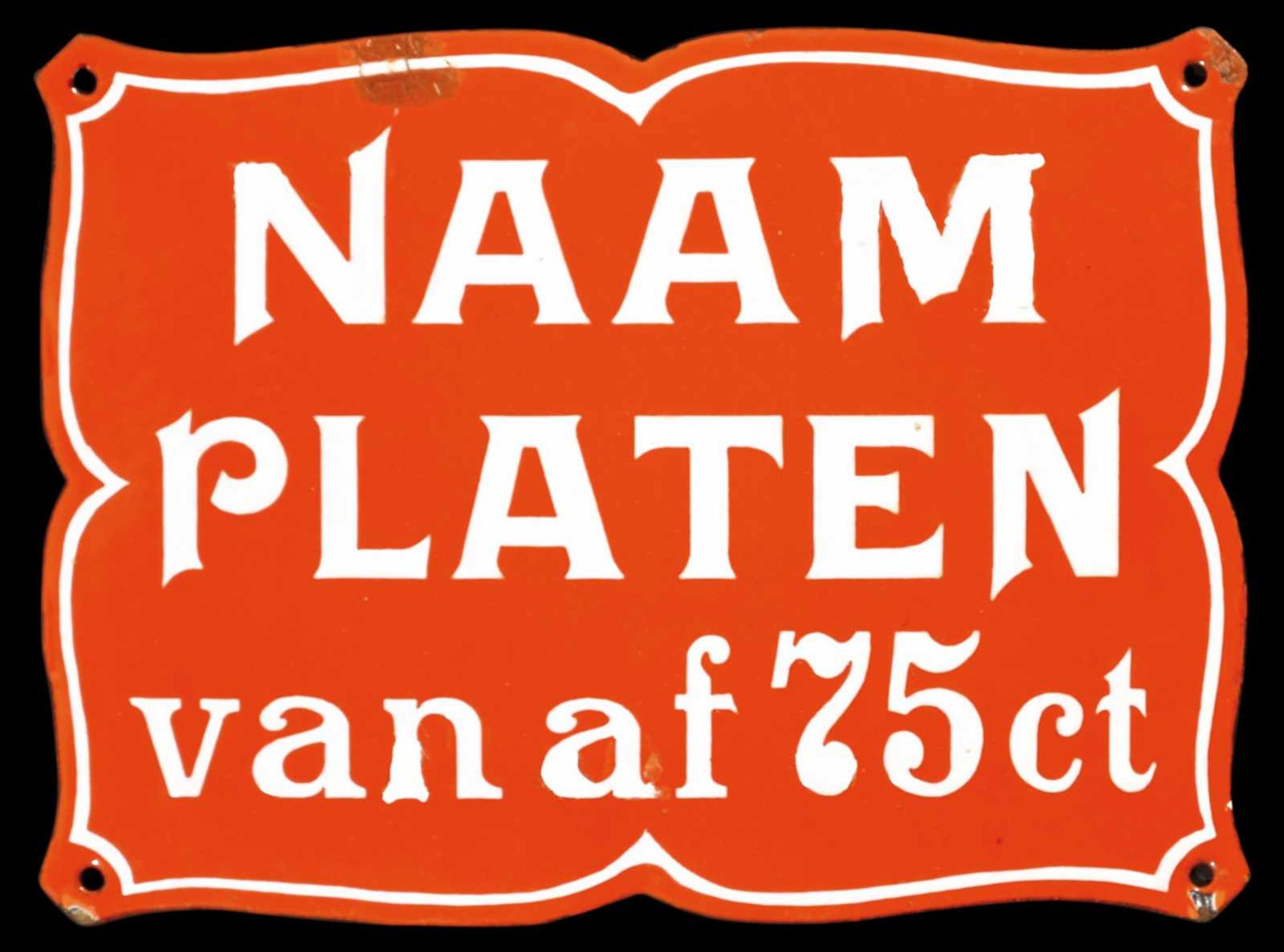 NAAM PLATEN (3) Emailschild, gewölbt, fett, zuckergußartig schabloniert, Niederlande um 1905, 27 x