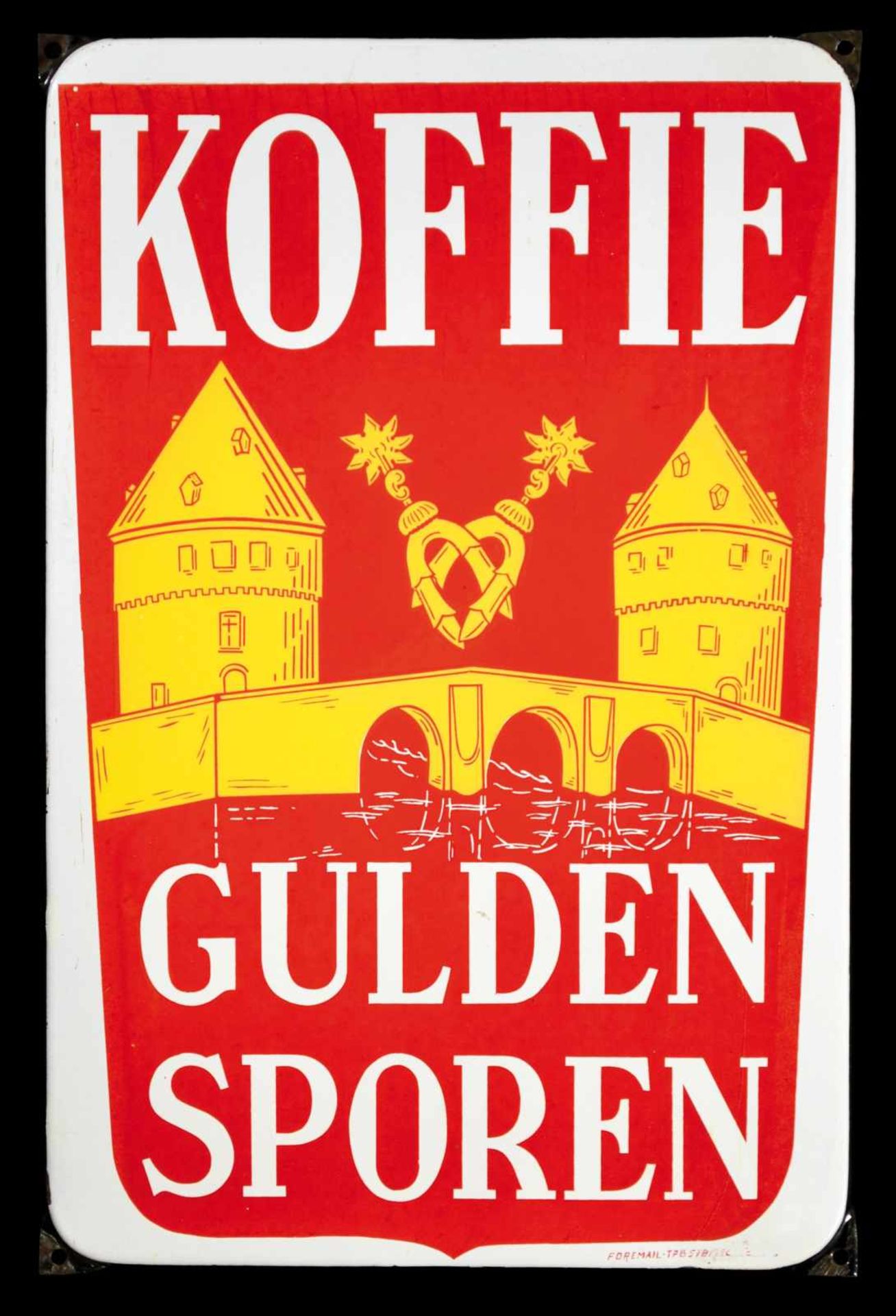 KOFFIE GULDEN SPOREN (1+) Emailschild, abgekantet, schabloniert, Belgien 50er Jahre, 40 nx 60 cm,