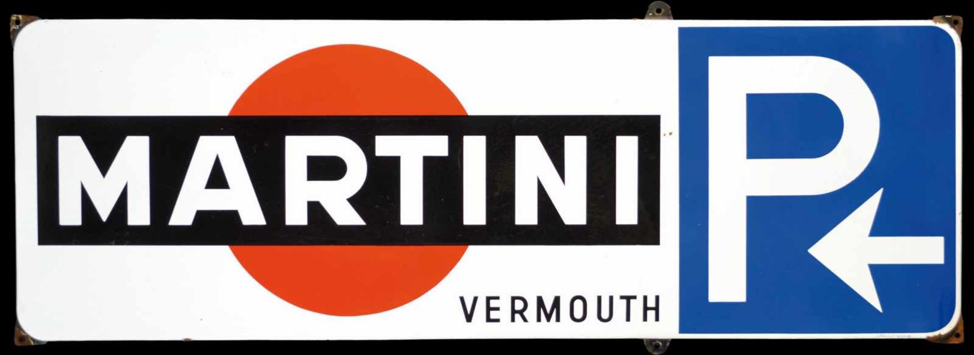 MARTINI VERMOUTH (1+) Emailschild mit Richtungszeiger für den lokalen Parkplatz, Niederlande 50er