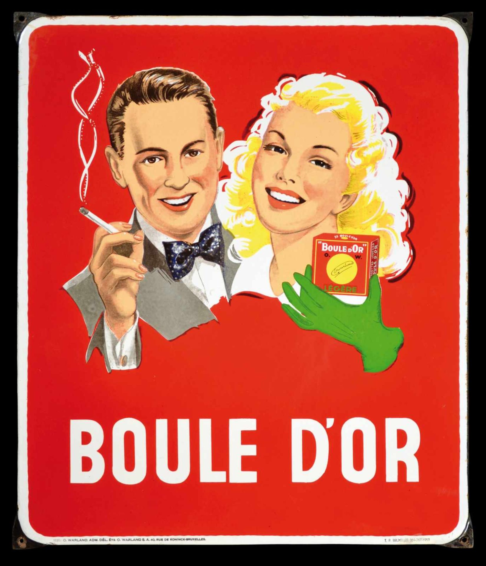BOULE DOR (1) Emailschild, abgekantet, schabloniert und lithographiert, Belgien 1953, 56 x 66 cm,