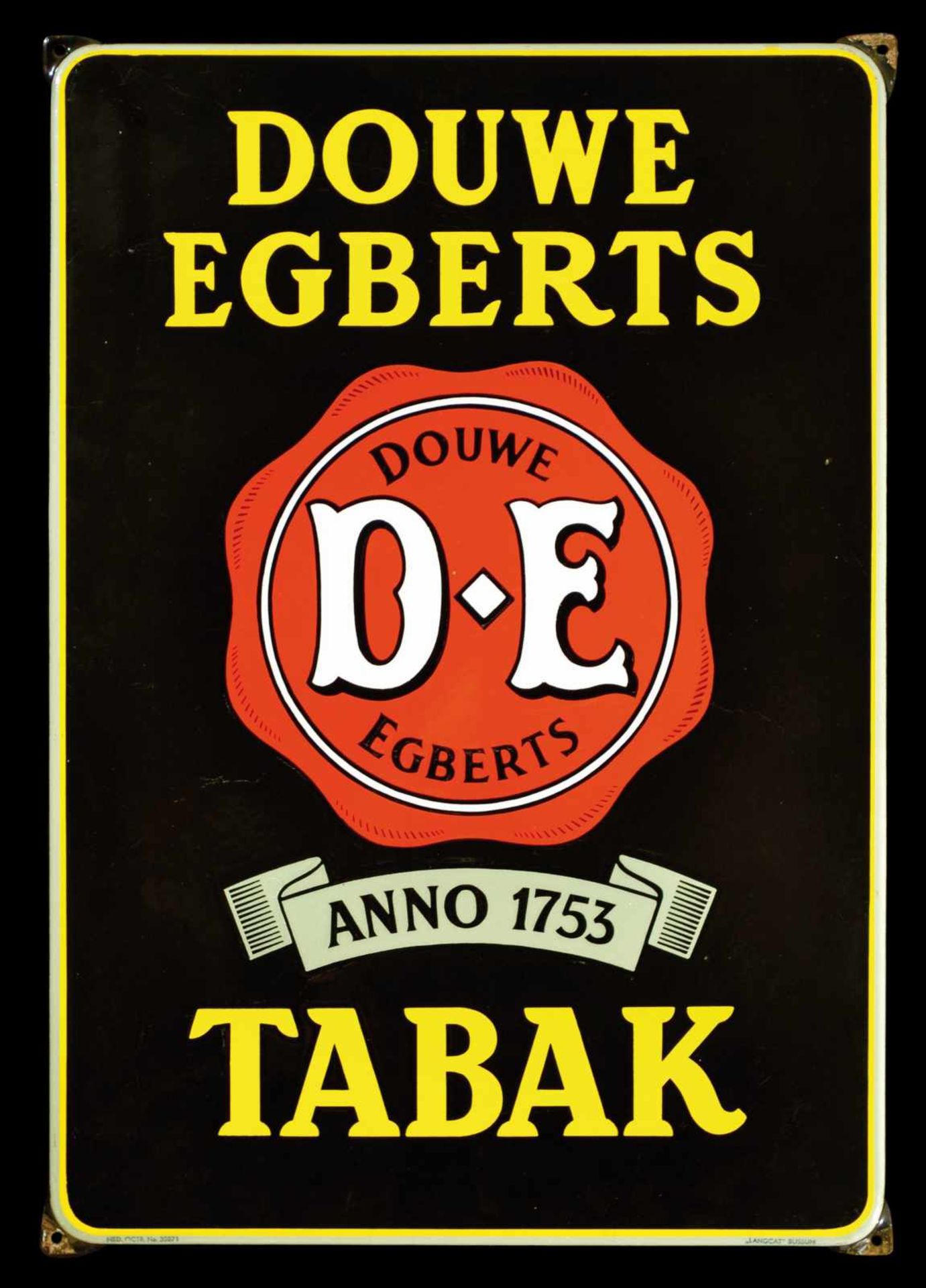 DOUWE EGBERTS TABAK (1+) Emailschild, abgekantet, dick schabloniert, Niederlande um 1940, 47 x 67
