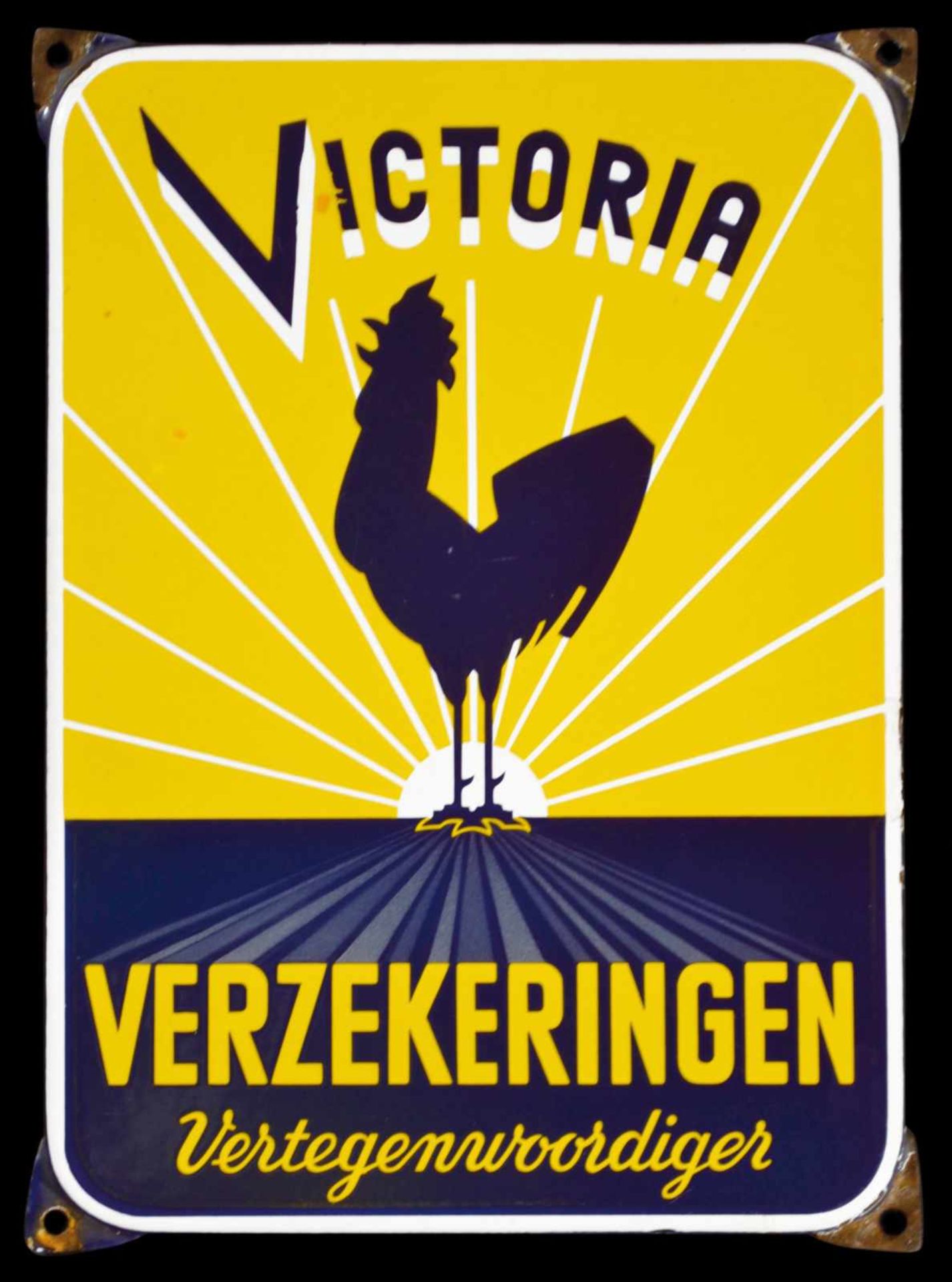 VICTORIA VERZEKERINGEN (1) Emailschild, abgekantet, schabloniert und lithographiert, Niederlande