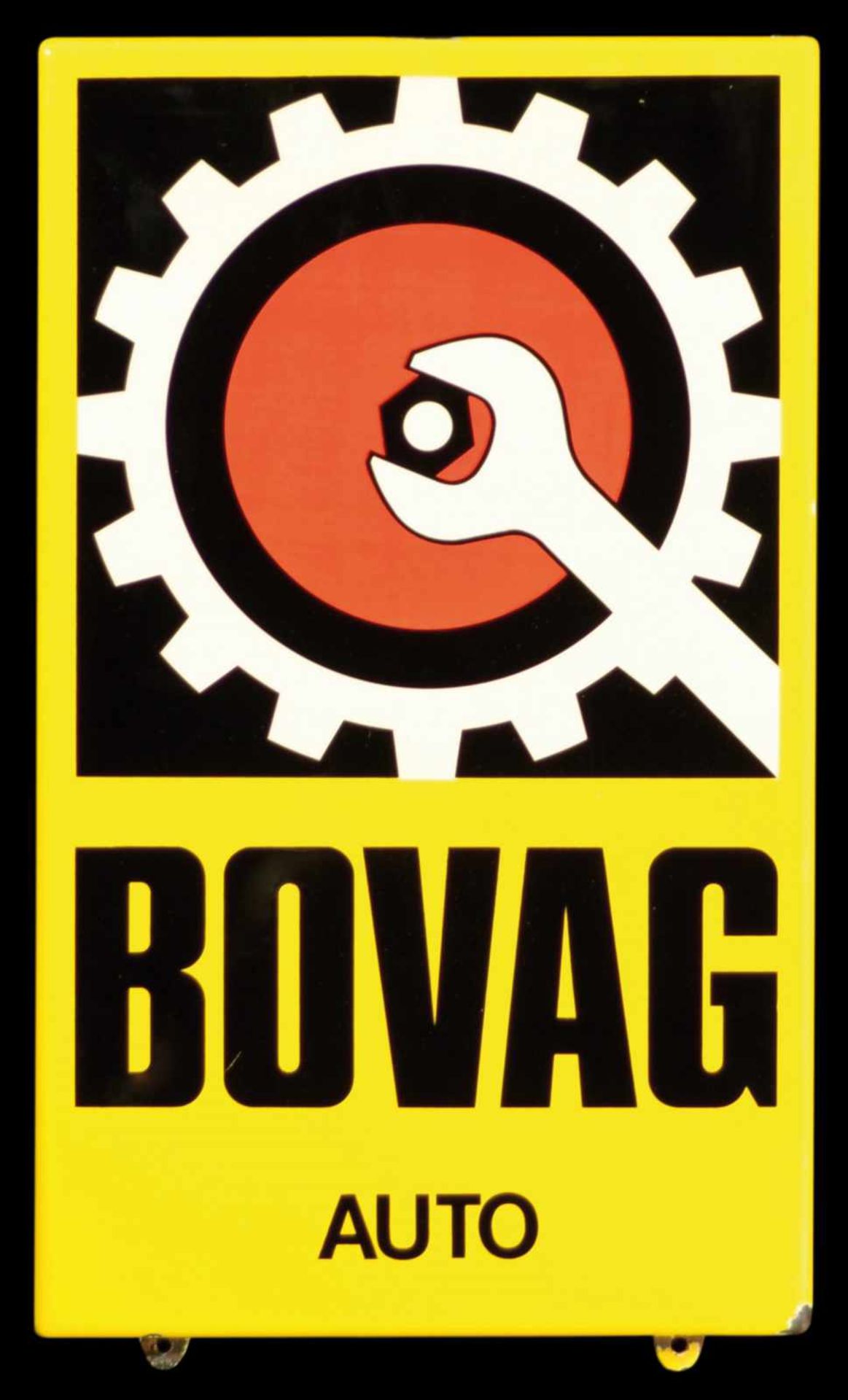 BOVAG AUTO (1-) Emailschild, abgekantet, schabloniert, Niederlande um 1960, 30 x 50 cm Emaille