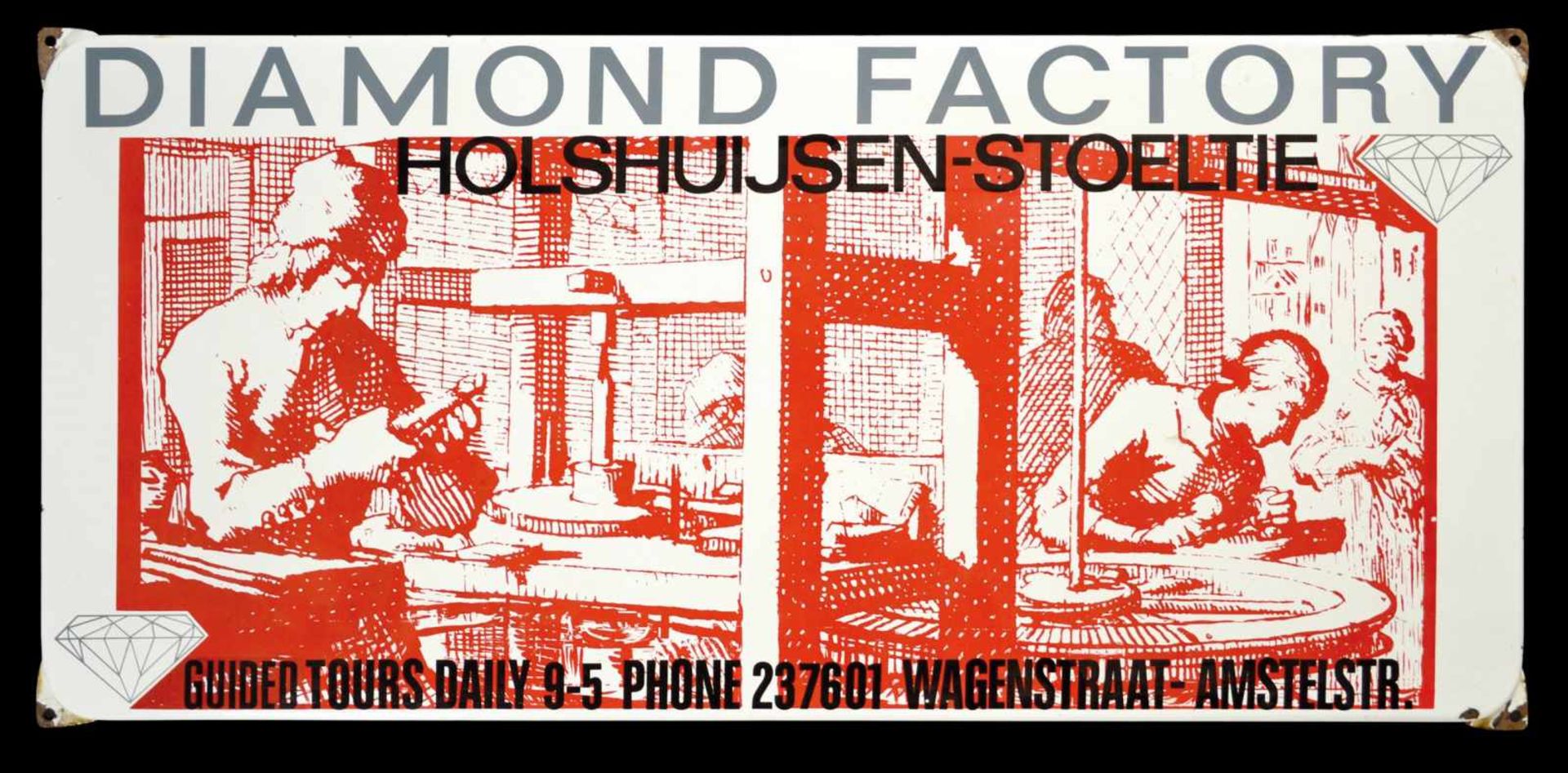DIAMOND FACTORY (1-) Emailschild, abgekantet, schabloniert, Amsterdam/Niederlande 60er Jahre, 97 x