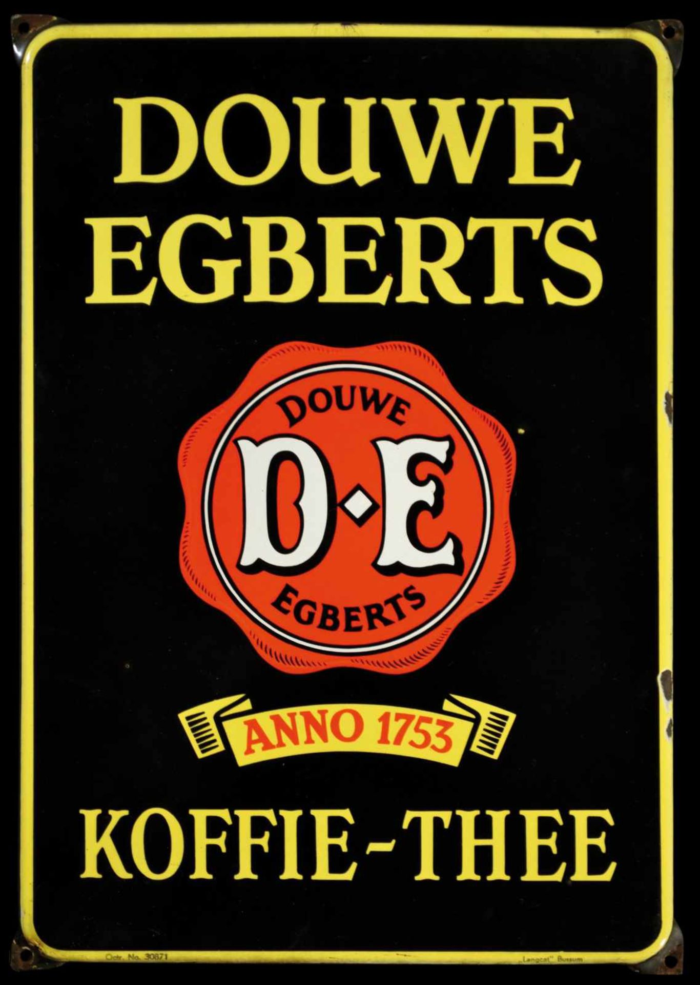 DOUWE EGBERTS KOFFIE-THEE (1-) Emailschild als kleine Version, schabloniert, Niederlande vor 1951,