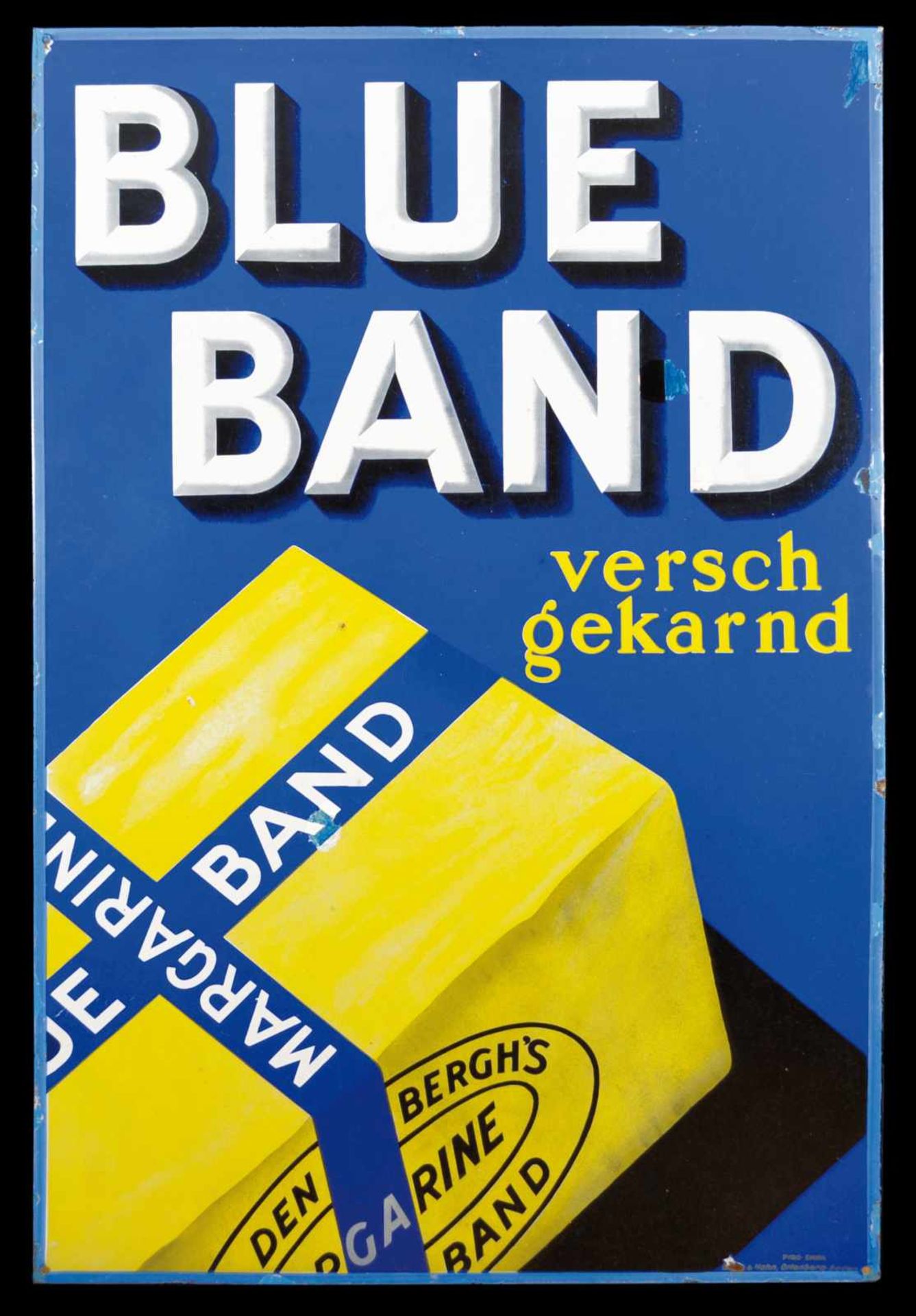 BLUE BAND (3+) Emailschild, abgekantet, schabloniert und lithographiert, Niederlande um 1930, 96 x