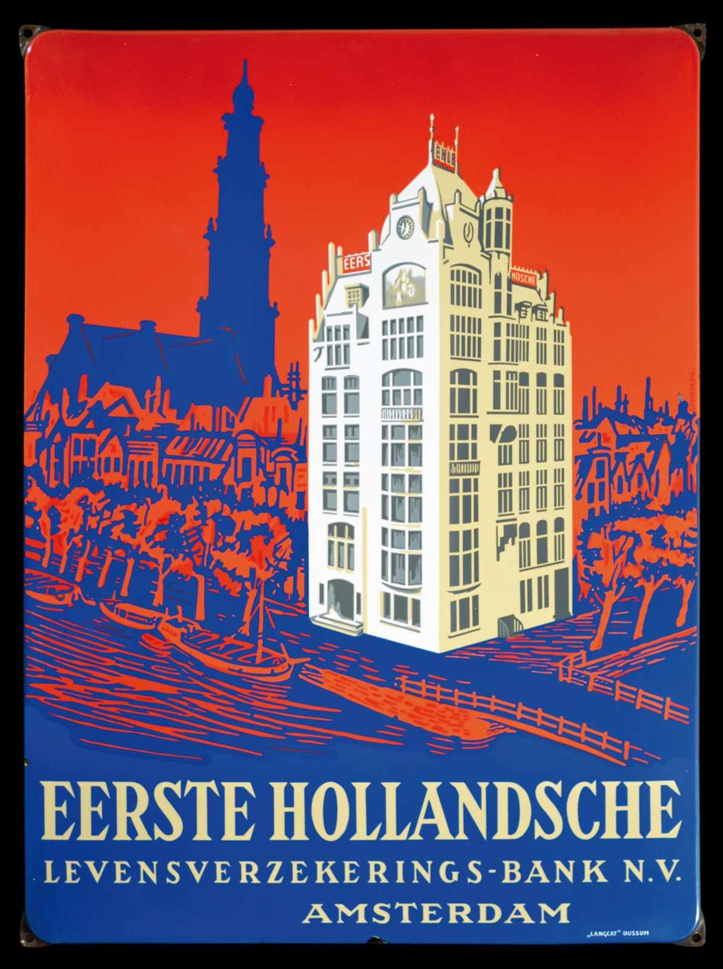 EERSTE HOLLANDSCHE (1) Emailschild, abgekantet, dick schabloniert, zudem lithographiert, Amsterdam/