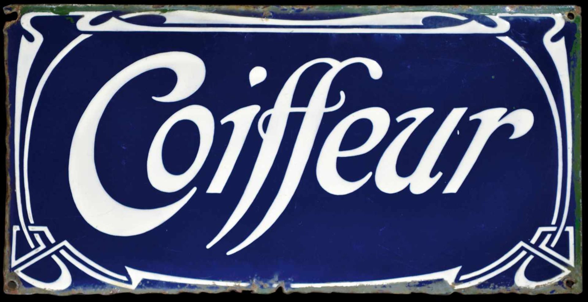 COIFFEUR (3) Emailschild, gewölbt, fett, zuckergußartig schabloniert, Frankreich um 1900, 50 x 25