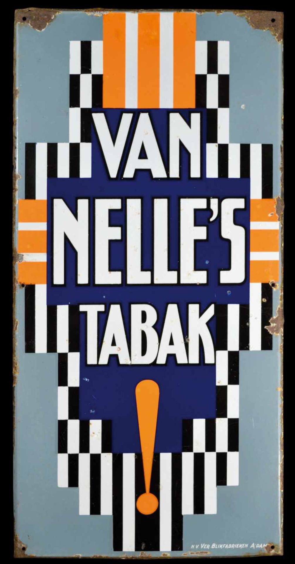 VAN NELLE's TABAK (2-3) Emailschild, schräg abgekantet, schabloniert, Niederlande um 1920, 48 x 98