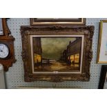 Simon Leeds oil on canvas depicting a Victorian street and harbour scene.