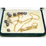 A 9k gold box-link chain, together with, a cultured pearl brooch stamped 14K with base metal pin,