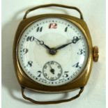 A WWI rolled gold wristwatch The white enamel dial with Arabic numerals,