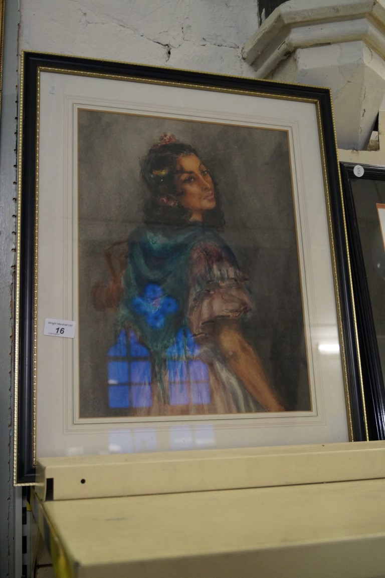 An indistinctly signed watercolour depicting an eastern lady wearing traditional attire.