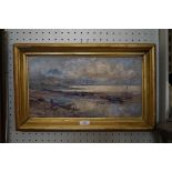 An indistinctly signed oil on canvas depicting figures and moored boats in harbour scene.