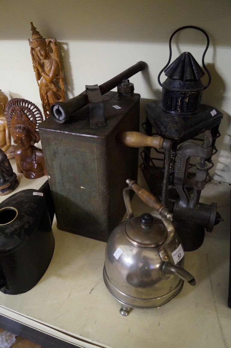 A mixed lot to include a vintage metal hanging lantern, oil can, Premier kettle etc.