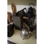A mixed lot to include a vintage metal hanging lantern, oil can, Premier kettle etc.