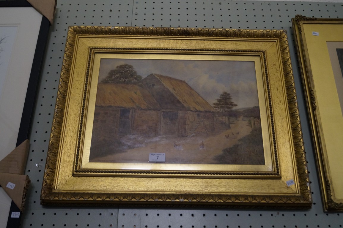 J. Audley watercolour depicting a thatched roof barn with hens, inset in ornate gilt frame.