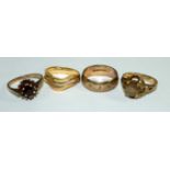 An 18ct tri-coloured gold ring, together with, two 9ct gold and gem set ring and a 9ct gold band,