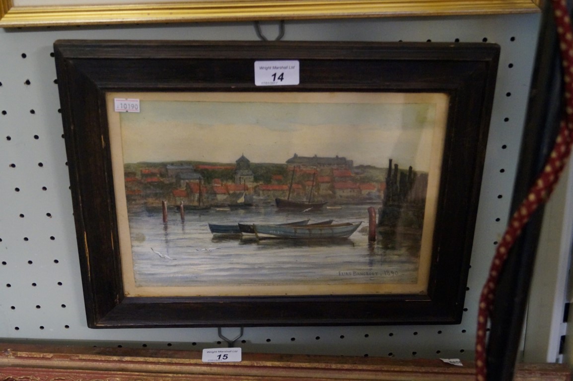 Elias Bancroft watercolour and pastel depicting harbour scene.