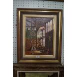 An indistinctly signed oil on board depicting figures seated in interior scene.