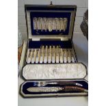 A cased set of pickle forks and knives with mother of pearl handles, together with a carving set.