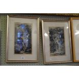 A pair of French silk pictures depicting a couple in landscape scene.