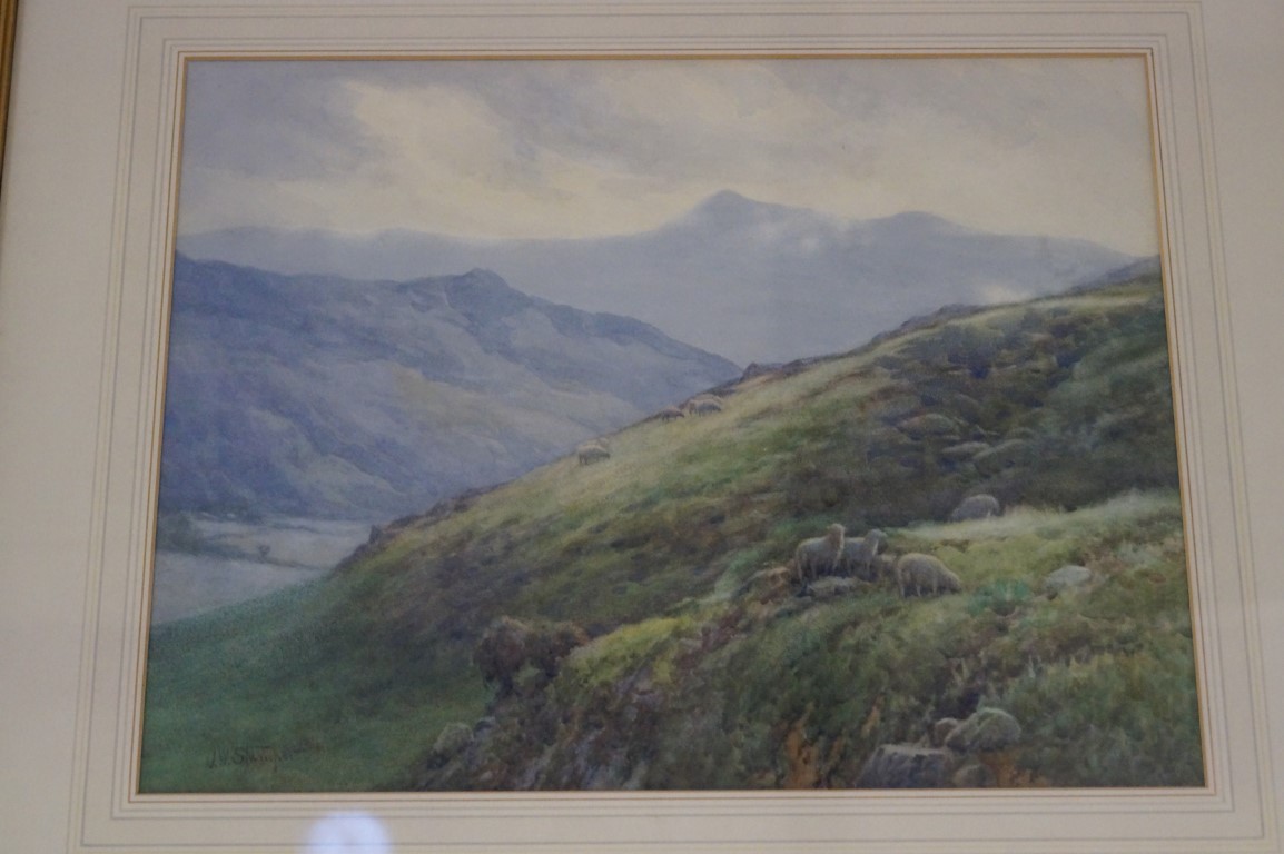 James William Stamper watercolour depicting sheep on a hill
