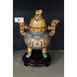 A highly decorative Chinese cloisonne twin handle pot pourri and cover,