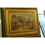 J. Audley watercolour depicting a thatched roof barn with hens, inset in ornate gilt frame.