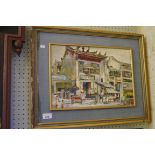 An unusual oil on canvas depicting a Chinese street scene, initialled CH.