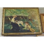Gilbert Diebold (20th Century) oil depicting a lady and children seated in garden scene