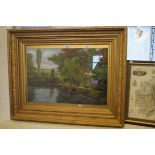 A large and impressive oil on board depicting a landscape scene inset within gilt frame