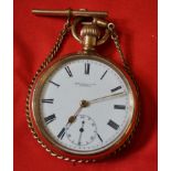 A gold plated keyless wind pocket watch, with subsidiary dial, chain and T-bar,