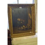 A 19th Century oil on canvas depicting an interior scene of a fiddler playing to a dog,