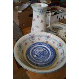 A vintage 19th Century jug and bowl wash set, blue and white plates etc.