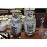 Two Chinese Famille Rose twin handled table lamps,