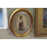 An unsigned watercolour depicting a continental girl holding a tambourine inset in gilt frame.