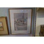 Frank Runacres watercolour depicting boats moored beside buildings.