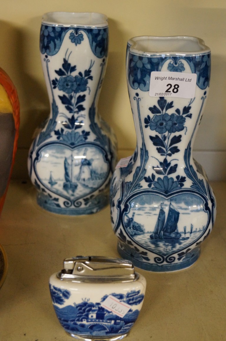 A pair of Delft blue and white vases, of double gourd form,