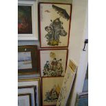 Three Chinese wood block prints each depicting figures.