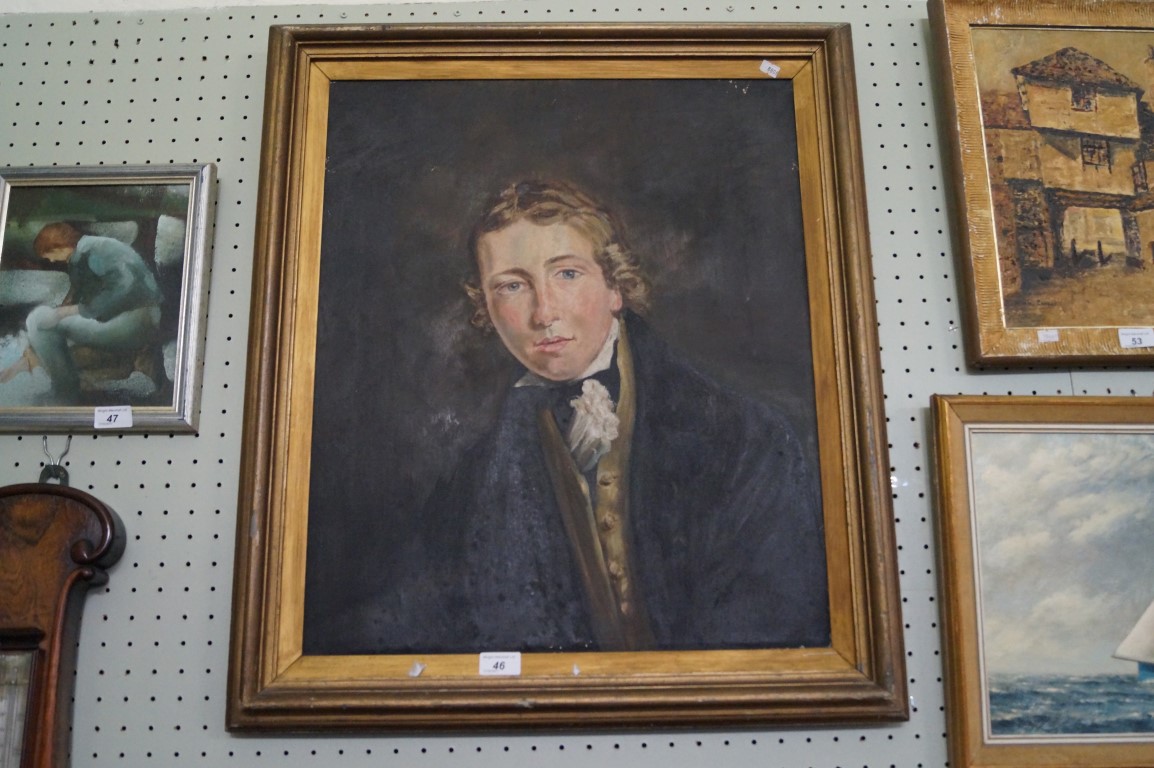 A 19th Century oil on canvas depicting a male portrait of a young gentleman wearing traditional