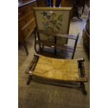 A modern rush seated oak stool together with a mahogany hanging shelf, also a tapestry fire screen.