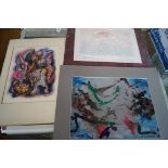 A mixed group of watercolours and prints to include an unusual watercolour of a clown and a girl