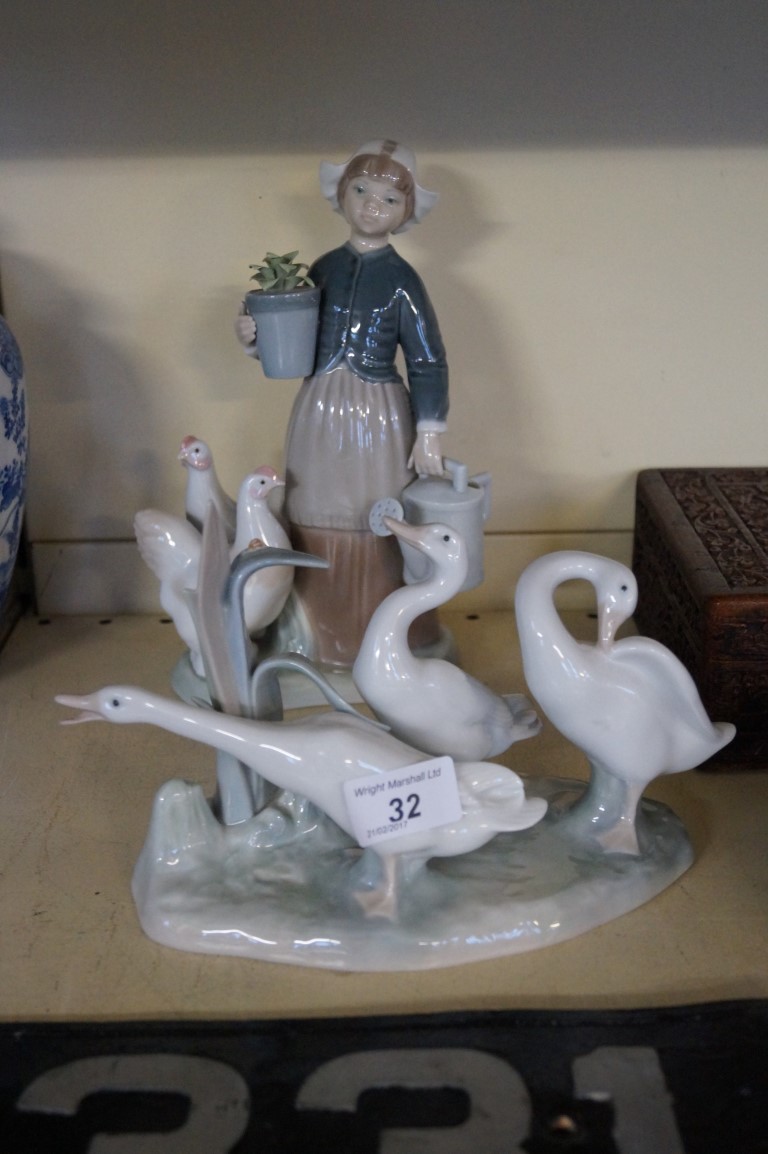 Two pieces of Lladro to include a girl holding a watering can, etc.