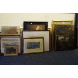 A large quantity of assorted pictures and prints to include oil on canvas depicting landscape scene,