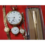 A gold plated keyless wind pocket watch, together with,